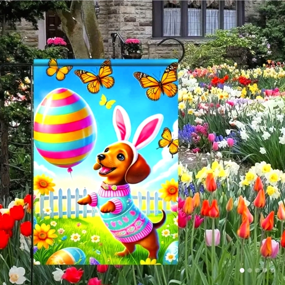 2/$12 Easter Daschund Garden Flag with Bunny Dog Design - Picture 1 of 5